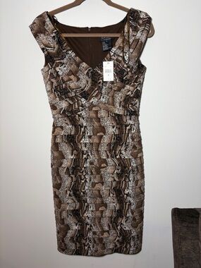 XSCAPE Snakeskin Print V-Neck Sheath Dress - Brown Animal Print Midi - Size 8